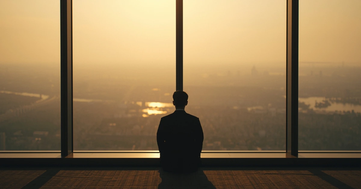 Person seated at large window looking out over softly lit cityscape at dawn, viewed from behind