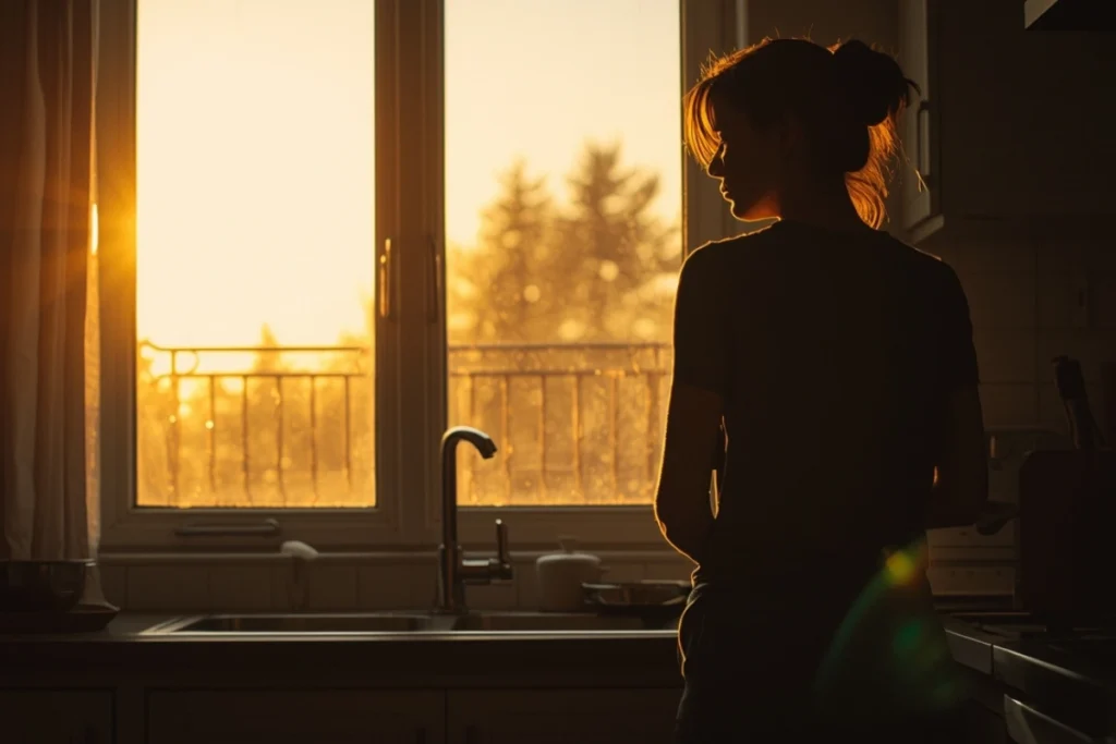 Partial figure standing at a window in soft morning light, body posture still and thoughtful