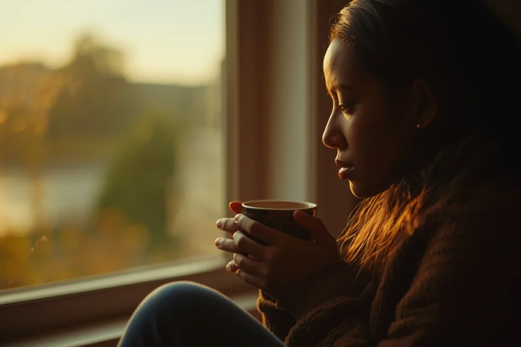 Person seated at window in warm light, partial profile, hands around cup, quiet introspective expression