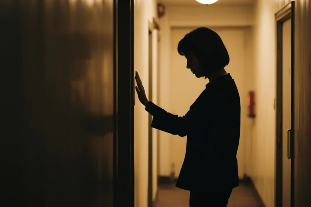 Person in softly lit hallway, partial profile, hand on wall, quiet pause