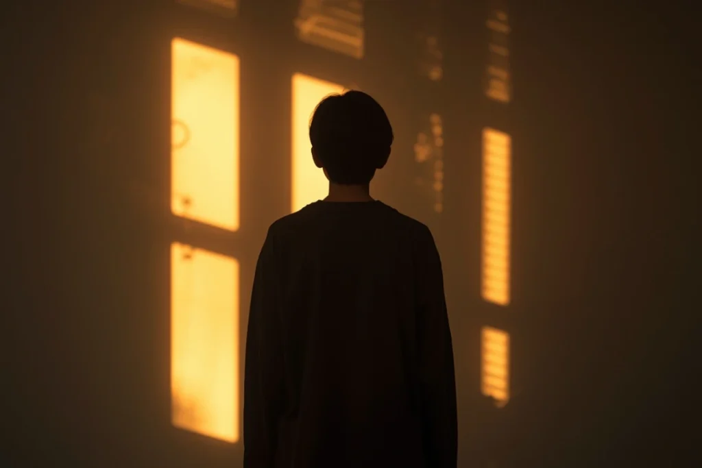 Back-facing figure in warmly lit room with layered overlapping light sources, standing in quiet contemplation