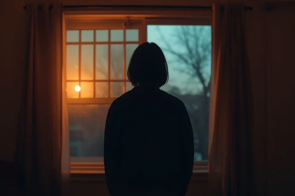 Person looking at blurred reflection in window at dusk, muted amber tones, quiet room