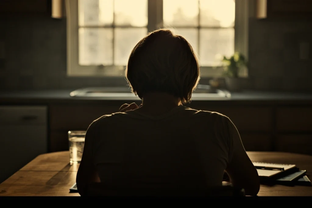 Person seated at a kitchen table in early morning light with a glass of water and notebook