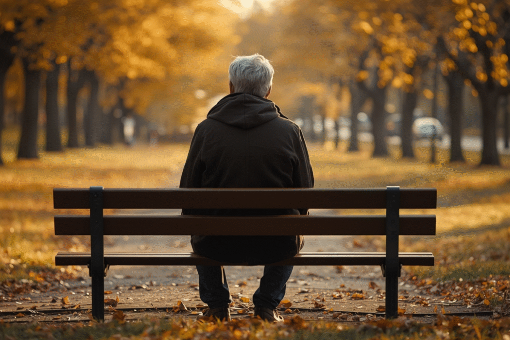 Back-facing person seated on a park bench in soft autumn light, alone, looking toward a path