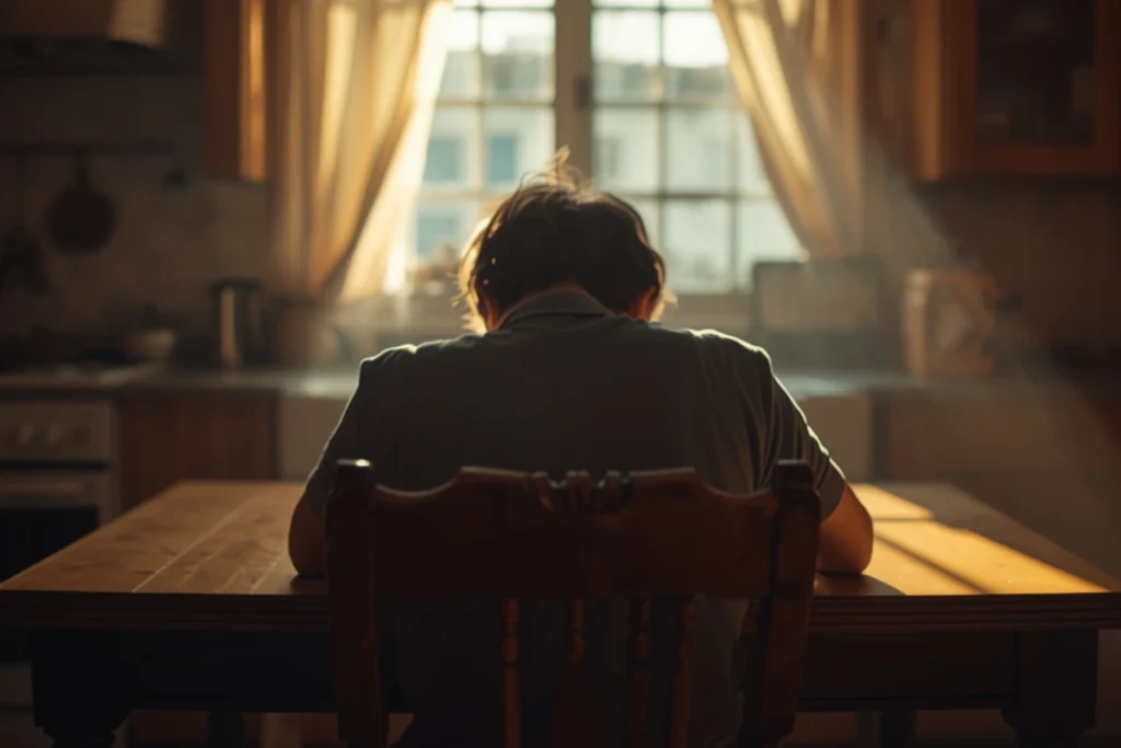 Person sitting at a warm kitchen table, head bowed, hands resting still, soft afternoon light in a quiet interior