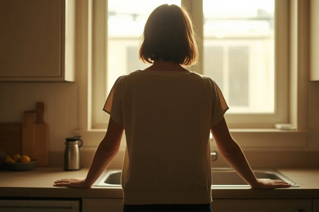 Back-facing woman standing in quiet kitchen, hands on countertop, looking toward sunlit window