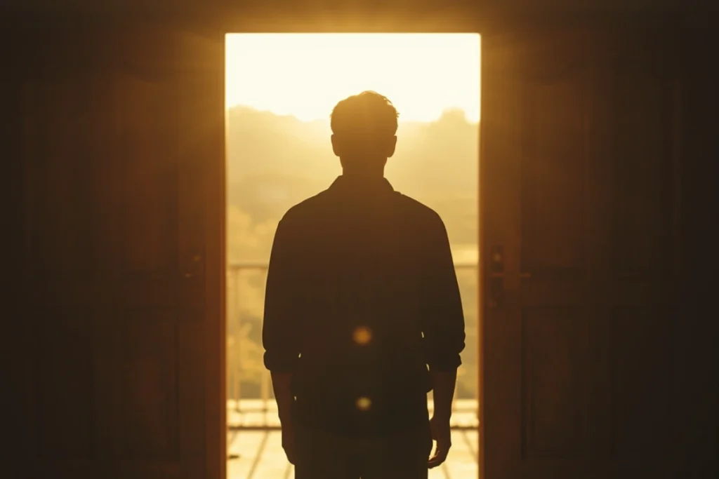 Back-facing figure pausing at a doorway with warm afternoon light beyond, posture of careful considered stillness