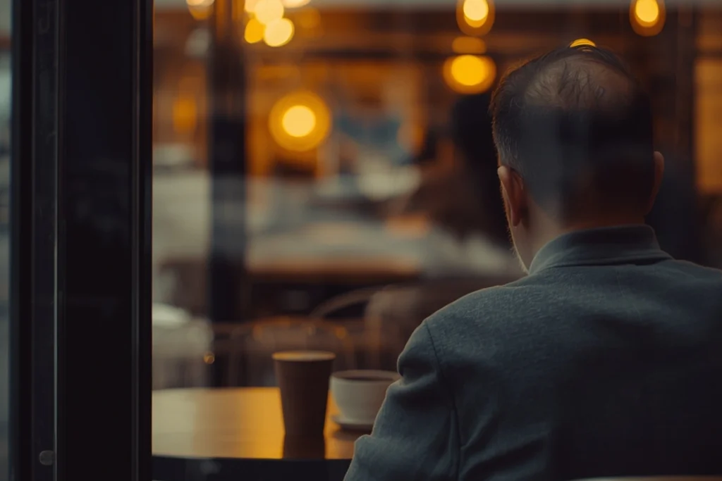 Adult figure from behind at a café window, soft afternoon light, quiet and contemplative