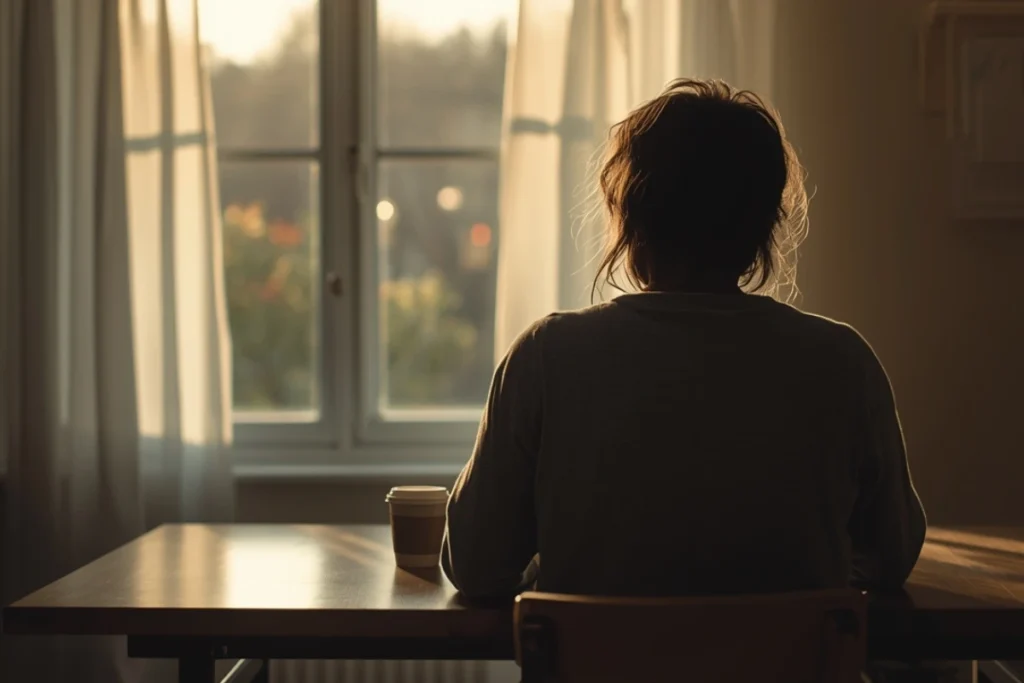 Person alone at kitchen table in morning light, looking toward window, quiet weight