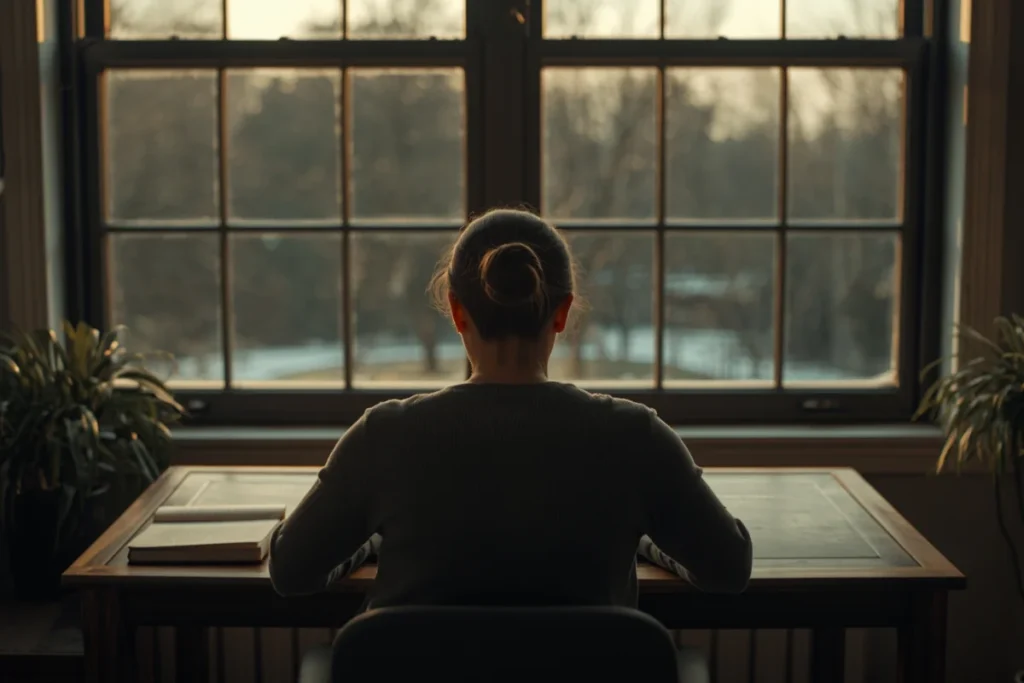 Person seated near a large window with an open journal on a wooden desk, soft afternoon light