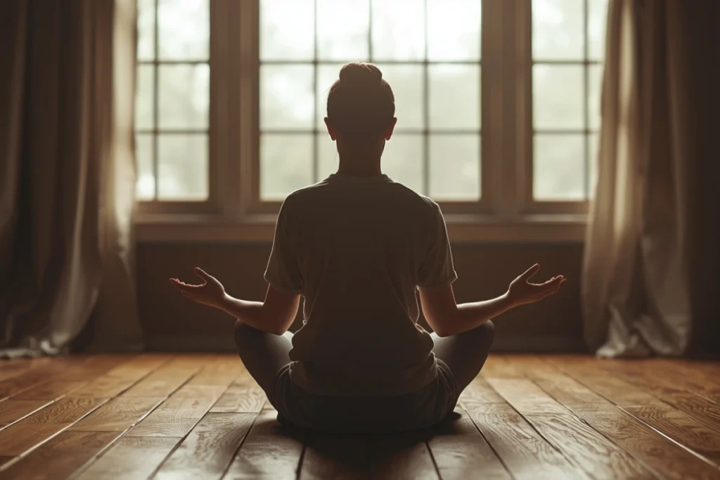 Back-facing person sitting cross-legged on a wooden floor near a sunny window, hands resting on knees
