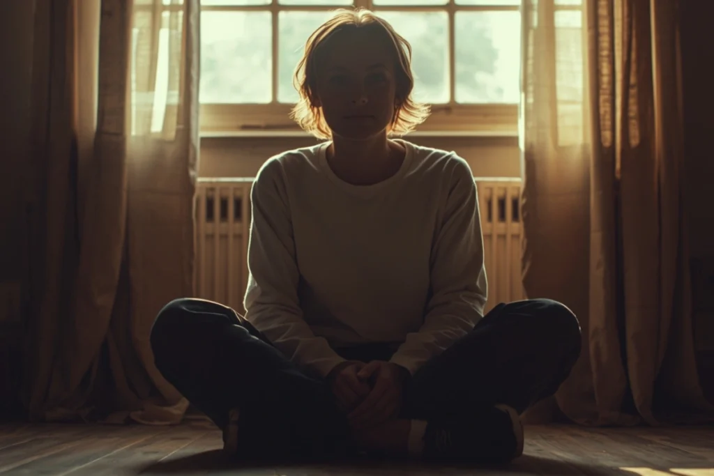 Person seated cross-legged on wooden floor near sunlit window, grounded upright posture, hands on knees, warm light