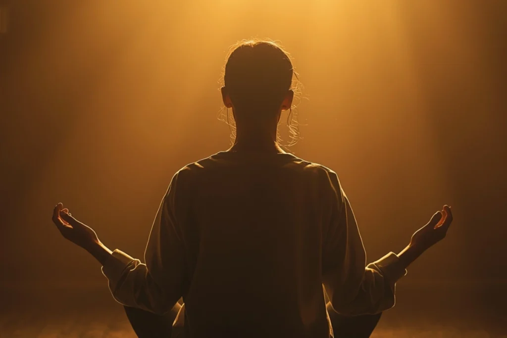 Person sitting in warm light, hands resting open, posture of calm inward attention in a quiet setting
