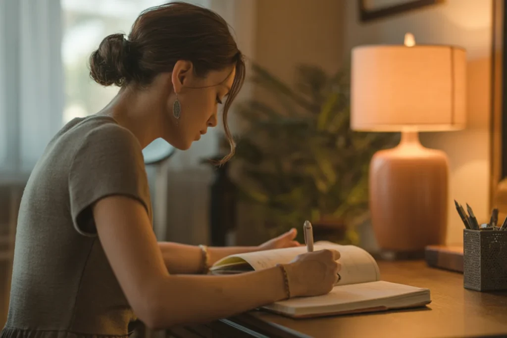 Back-facing woman writing in journal at wooden desk, warm lamp light, soft evening interior