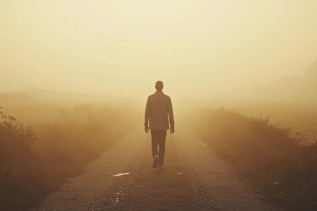 Back-facing figure walking a path from soft shadow toward open warm light, posture purposeful and forward-moving