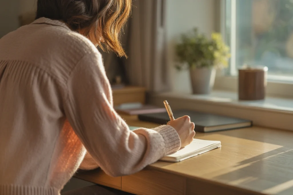 Figure from behind writing in a journal on a wooden desk by a window, soft morning light, purposeful and calm