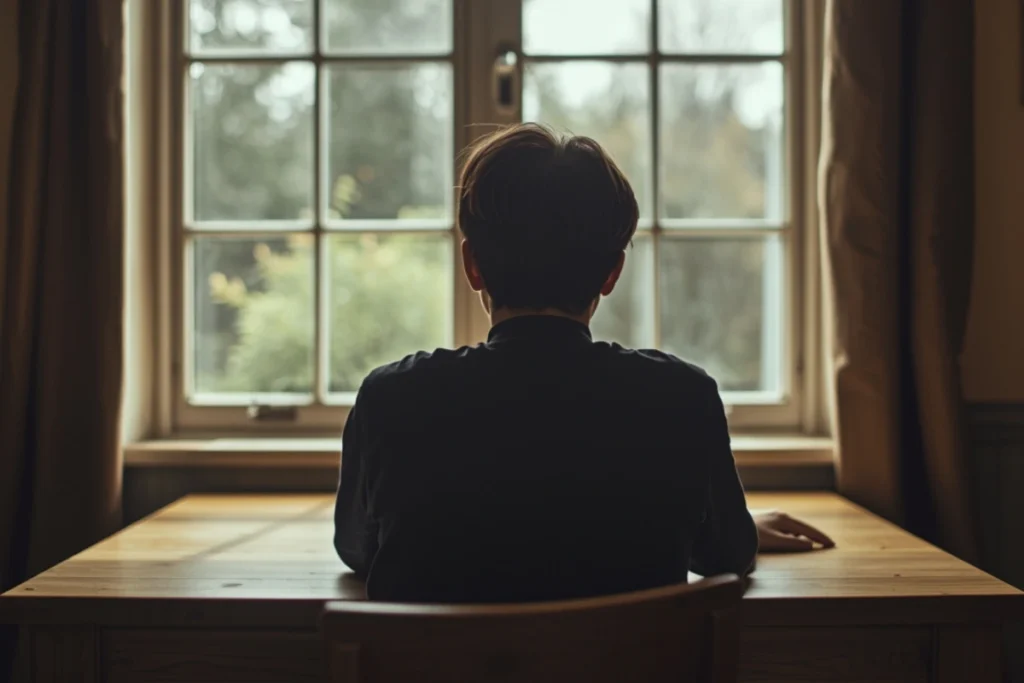 Person seated at table near window from behind, hand resting open, soft natural light, quiet still posture