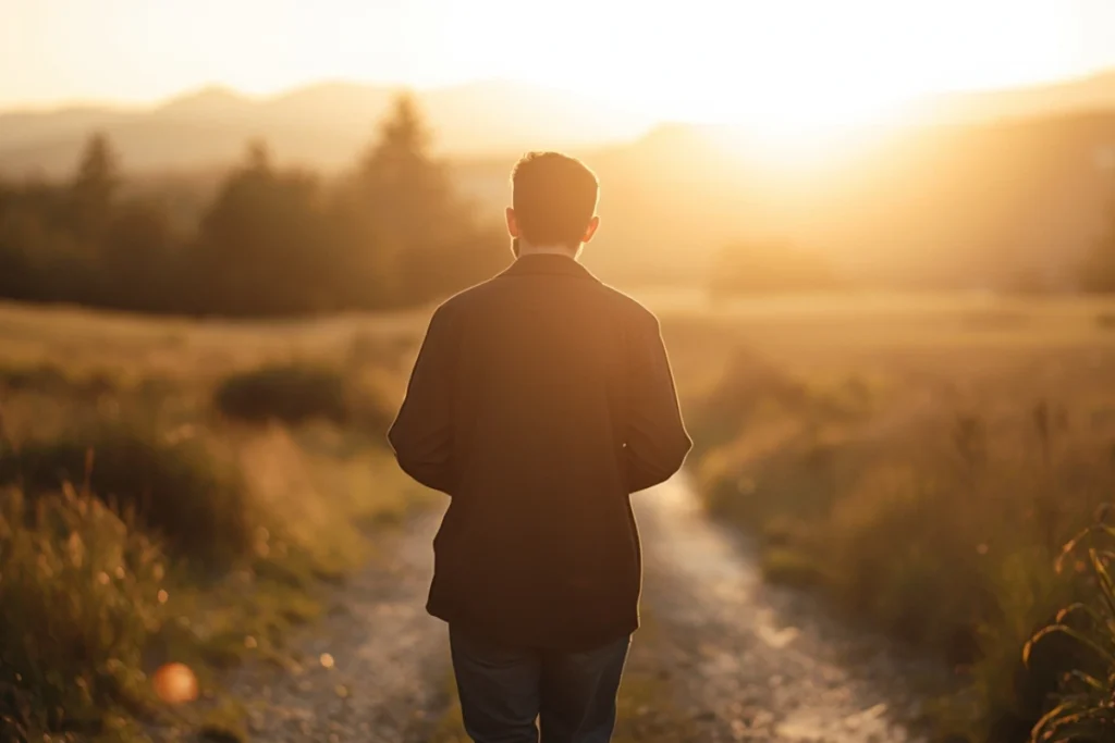 Person walking along brightening path, back-facing, soft light, unhurried forward movement