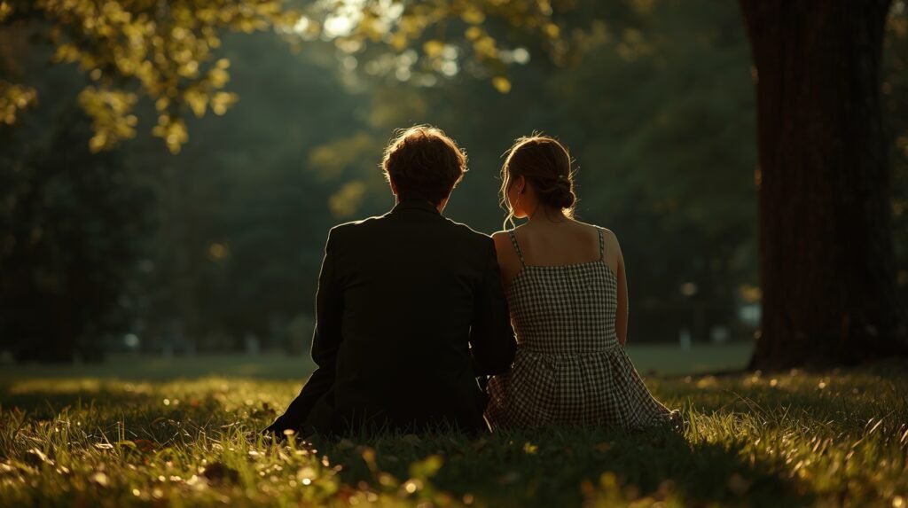 Two figures seated outdoors in warm dappled sunlight, calm companionable posture, facing away from camera