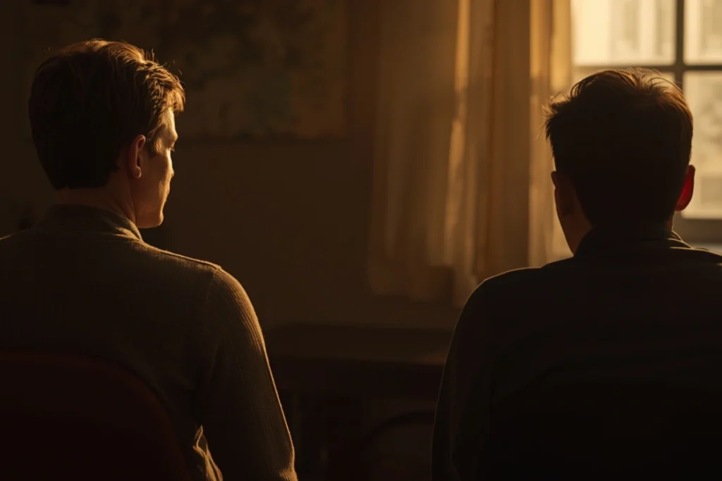 Two people seated in warm softly lit room, both partially obscured, one listening calmly, amber light, sense of safety