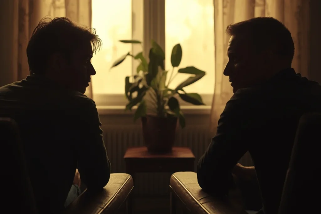 Image 6_Two people in warm conversation in a softly lit room, seated, partial profiles, no faces visible