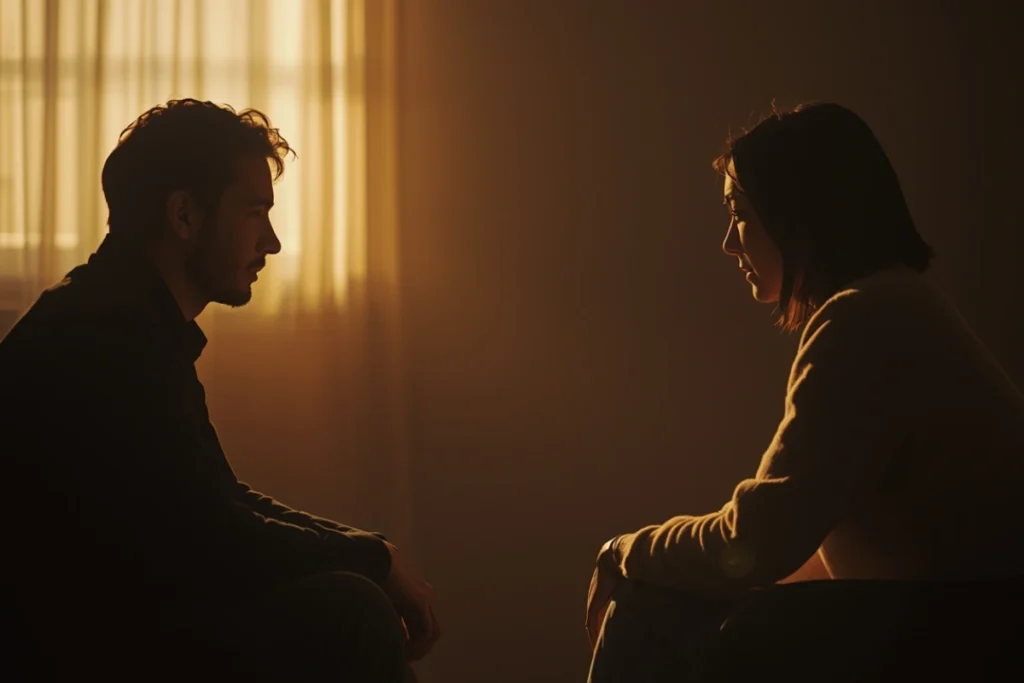Two people in warm light, seated in quiet conversation, posture of calm connection, no faces fully visible