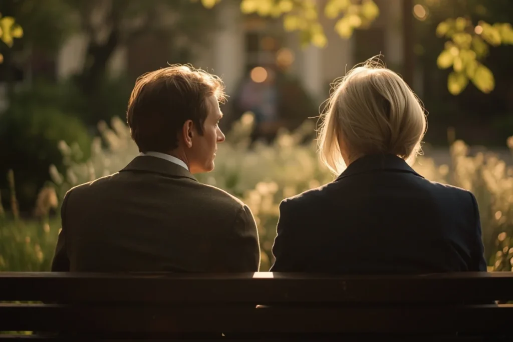 Two people seated on bench in sunlit garden, partial profiles, warm golden light, relaxed posture