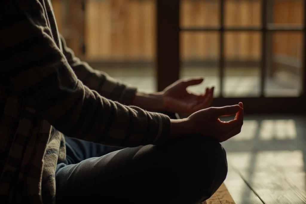 Partial figure seated cross-legged in warm light, hands resting in grounded posture, quality of intentional stillness