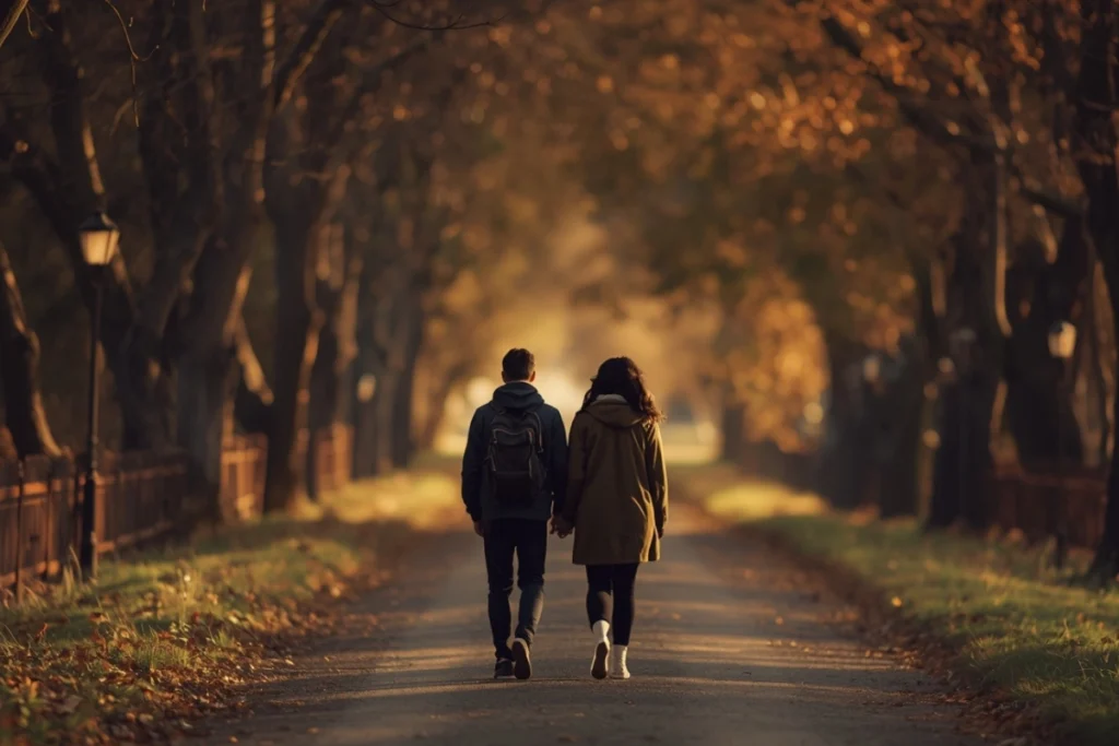 Two figures walking side by side on a tree-lined path, soft afternoon light, seen from behind, companionable