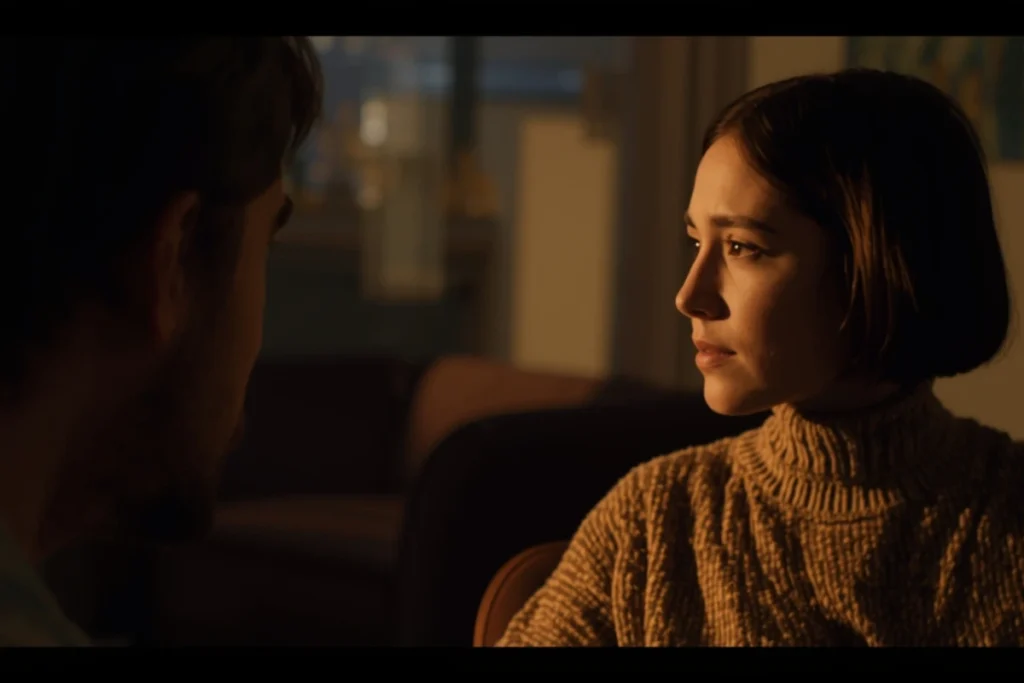 Two people in softly lit interior, partial profiles facing each other, warm light, calm attentive posture