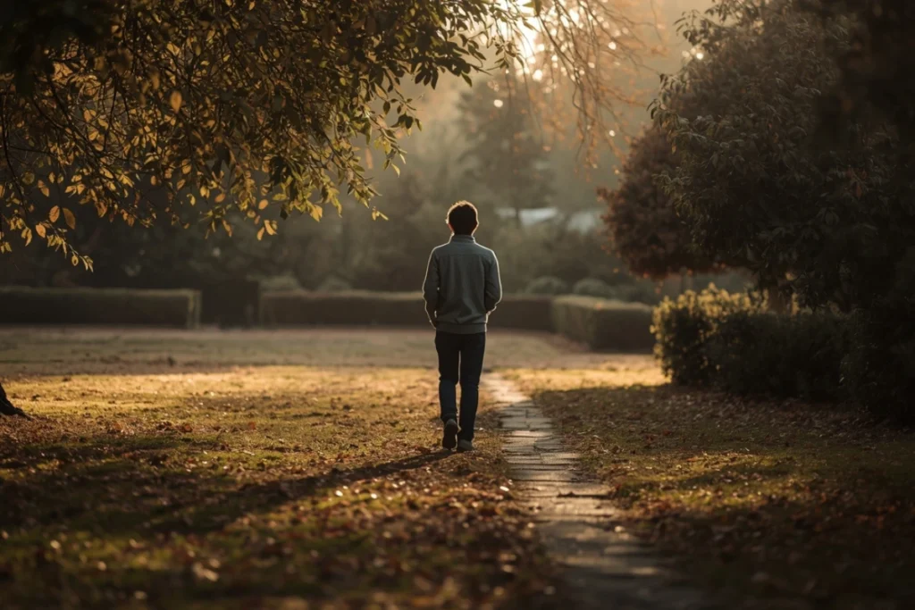 Person walking alone on garden path from behind, warm dappled light, calm purposeful posture, open landscape