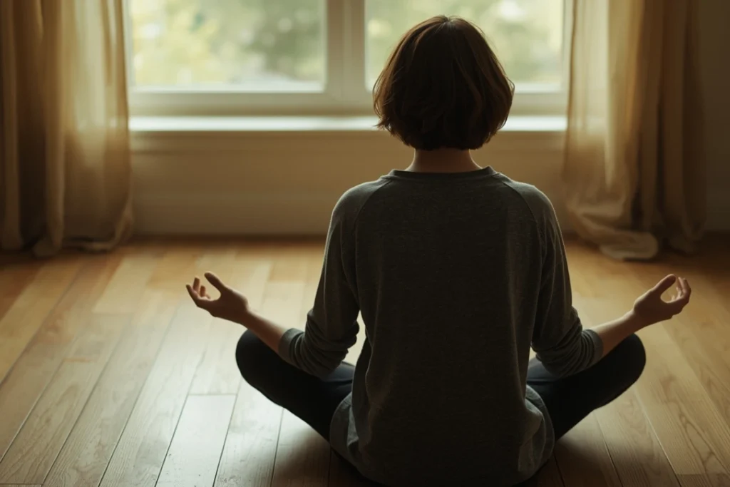 Person sitting on wooden floor near window, hands open, warm light, quiet focused stillness