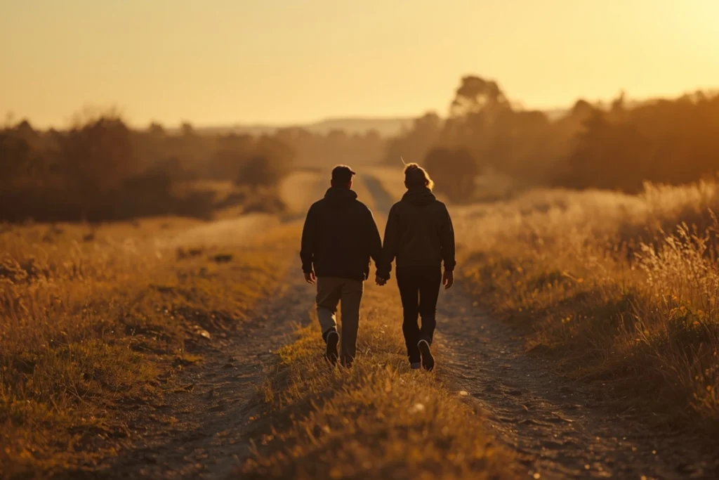 Two back-facing figures walking side by side on a sunlit path, warm afternoon light, gentle companionable forward movement
