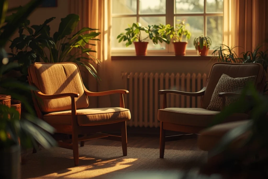 Two chairs facing each other in warm plant-filled room, soft afternoon light, welcoming space