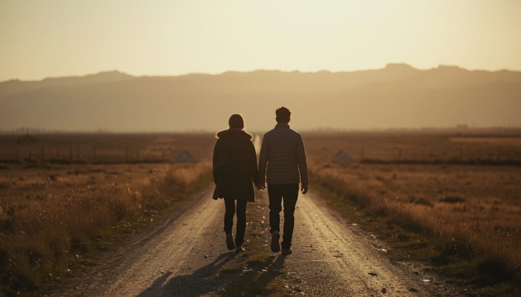Two people walking side by side on open path, warm afternoon light, forward movement