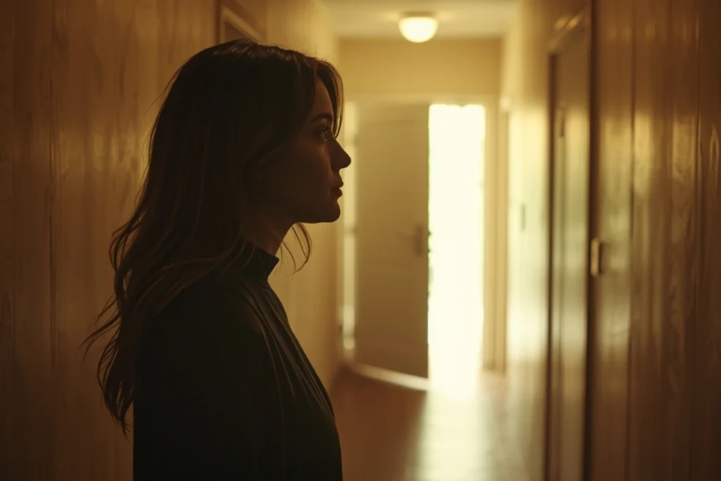 Person in a softly lit hallway looking toward a partially open door, partial profile, quiet and still