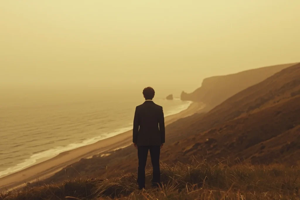 Person standing at the edge of an open landscape, back-facing, posture still, soft natural light