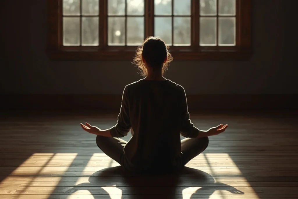 Person seated on floor in afternoon light, back-facing, posture of calm inner stillness and settling
