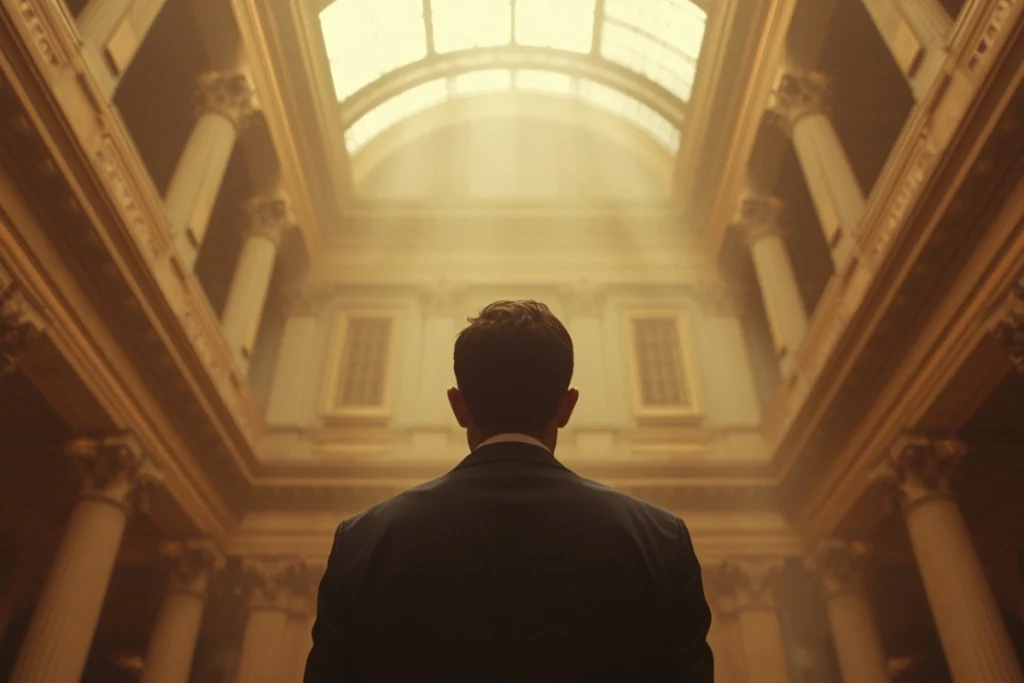 Back-facing figure standing in a large warmly lit interior, architectural space suggesting scale and quiet containment