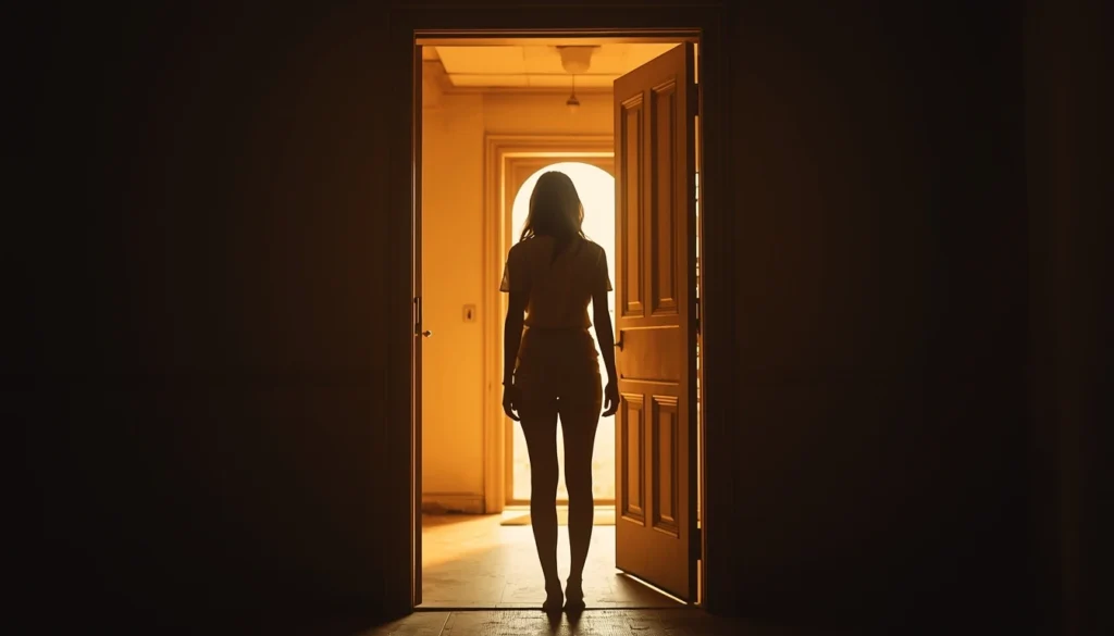 Person standing in a doorway threshold, backlit, back-facing, caught between shadow and warm light