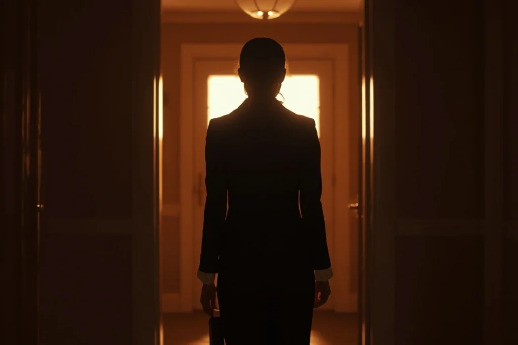 Person standing in a doorway threshold, backlit, back-facing, caught between shadow and warm light