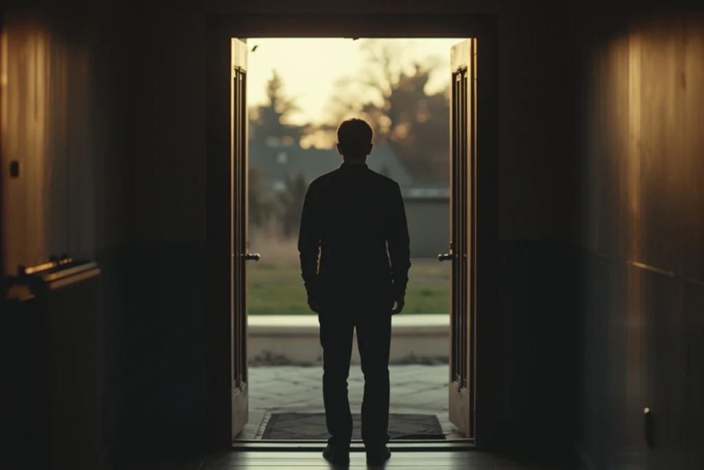Adult figure standing in a doorway, back-facing, looking toward an open outdoor space, warm afternoon light