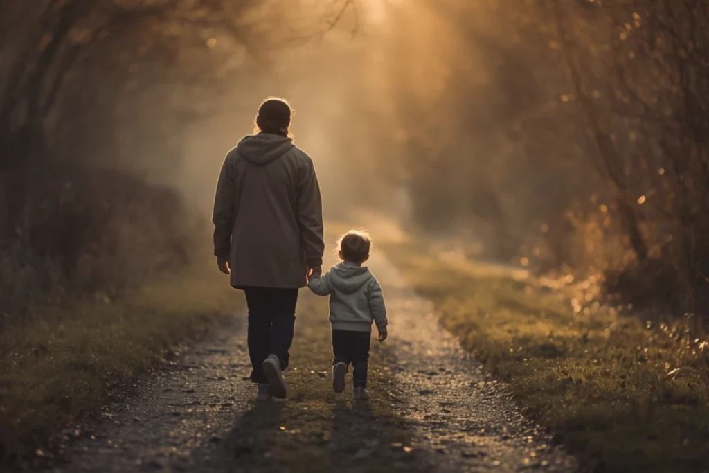 Parent and child walking on a quiet path in soft afternoon light, adult back-facing, warm and calm, protective forward movement