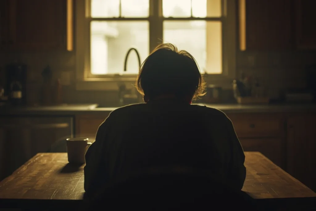 Back-facing figure seated at a kitchen table in early morning light, hands around a mug