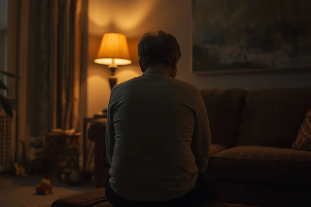 Adult seated at edge of sofa in a quiet evening room, back turned, child's toy on floor, lamp light warm