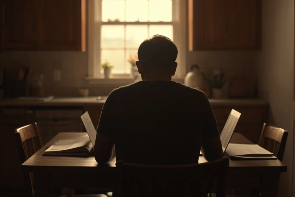 Person seated at a kitchen table with papers and a laptop in afternoon light, back-facing, calm focused posture 