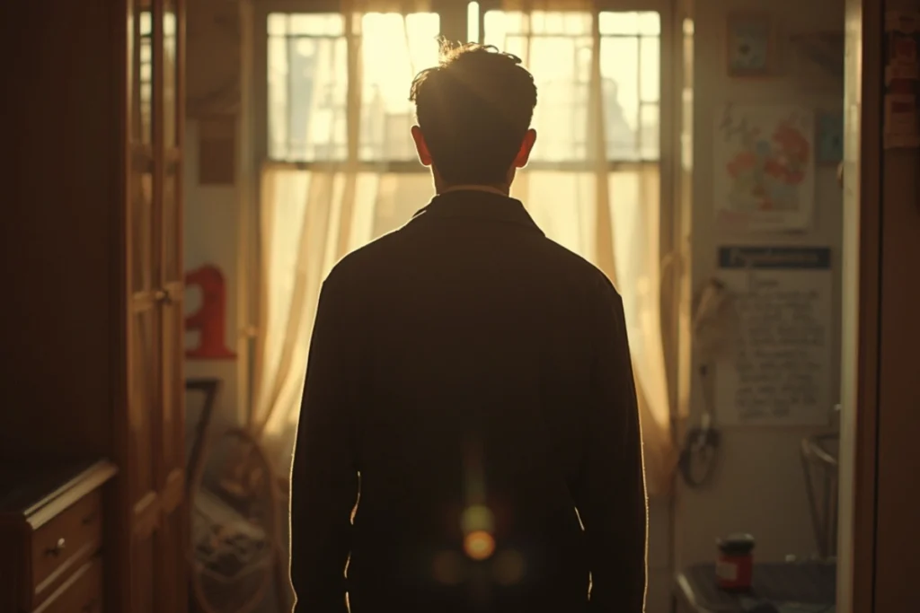 Adult from behind in everyday domestic setting, warm morning light, body language of quiet forward presence