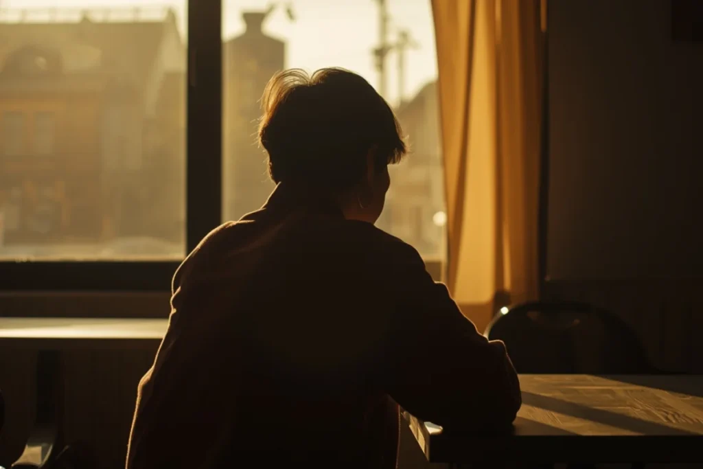 Person seated at a table in warm afternoon light, posture still and present, soft interior setting