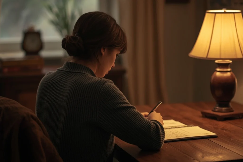 Back-facing woman at a wooden table with papers and notebook in warm lamp light, in a posture of focused quiet planning