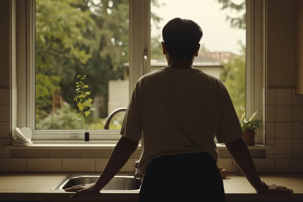 Person at kitchen window, partial back view, quiet garden beyond, posture of calm endurance in ordinary moment